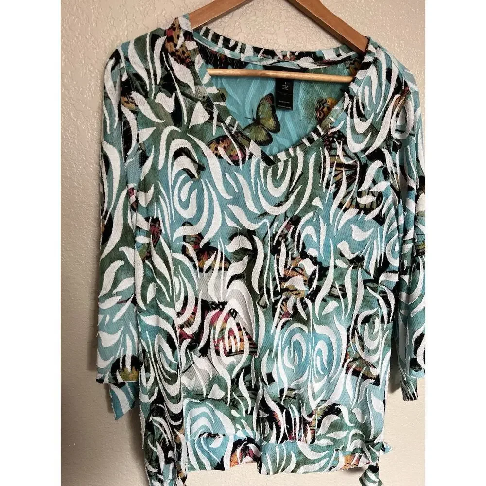Ali Miles Abstract Butterfly Knit Top Large Swirls 3/4 Flare Sleeves